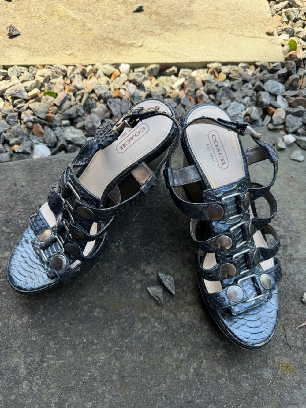 Coach Metallic Black Strappy Gladiator Sandals